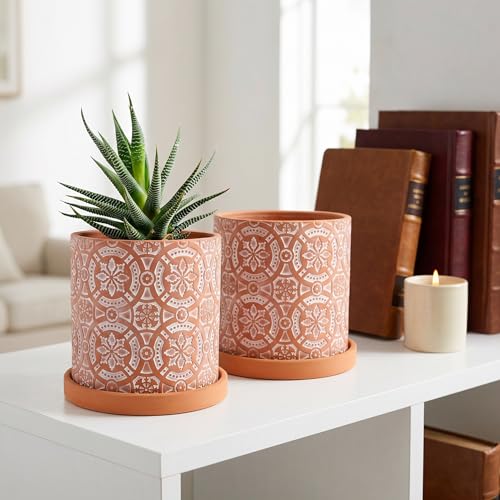Jucoan 2 Pack Terracotta Plant Pot, 5'' Red Clay Planter Pot with Boho Flower Pattern, Ceramic Cactus Flower Planter Succulent Pot with Drainage Hole and Saucer for Indoor Outdoor Plant