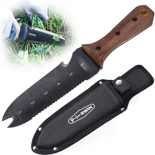 PERWIN Hori Hori Garden Knife, Garden Tools with Sheath for Weeding, Planting, Digging, 7" Stainless Steel Blade with Cutting Edge, Full-Tang Walnut Wood Handle with Hanging Hole - size: 7"