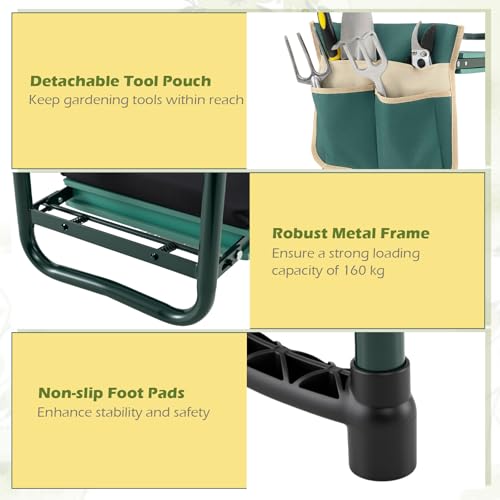 Goplus Foldable Garden Kneeler and Seat, 11" Wide 2-in-1 Gardening Bench, Detachable Thick EVA Foam Pad, 350 lbs Heavy-Duty Metal Frame, Tool Pouch, Portable Stool, Gardening Kit for Seniors (Green) - color: Green, style: With Kneeling Pad