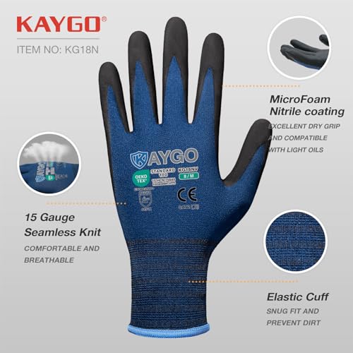 KAYGO Safety Work Gloves, MicroFoam Nitrile Coated, Men Women,KG18N - color: Dark Blue, size: Medium