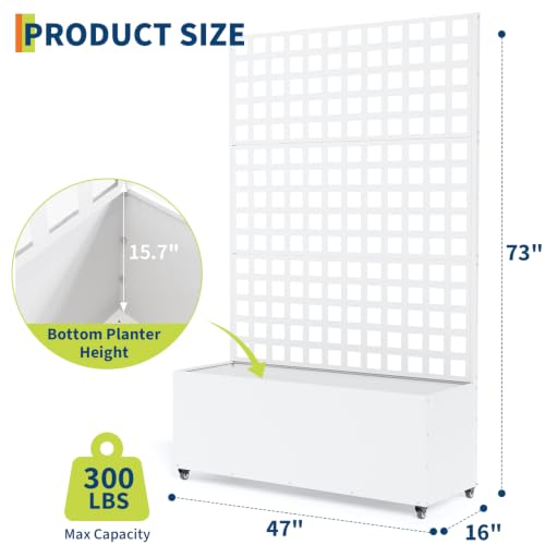 Garvee Metal Planter Box with Trellis and Wheels 71"x47"x16", Drainage Hole - color: Grid - White, size: with wheels