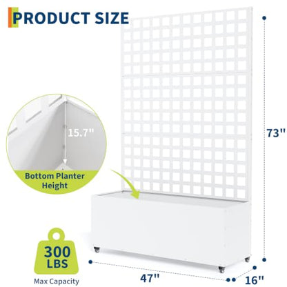 Garvee Metal Planter Box with Trellis and Wheels 71"x47"x16", Drainage Hole - color: Grid - White, size: with wheels