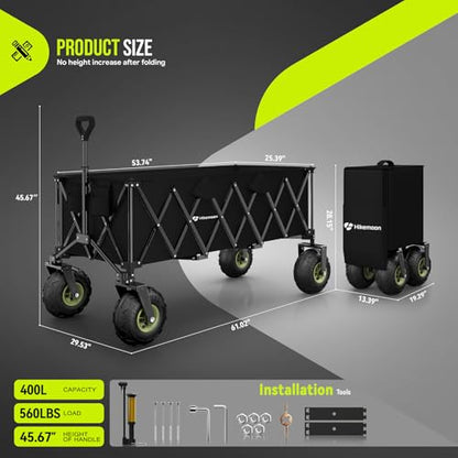 HIKEMOON 400L Large Beach Collapsible Wagon with Balloon Wheels, Black - color: Black-b