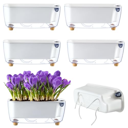 5 Pack Rectangular Planter 11.8 x 4.6 in Self Watering Planter Window Sill Planters Indoor Rectangle Planter Self Watering Pots Plastic Plant pots for African Violet Flower Orchid (Clear, 5)