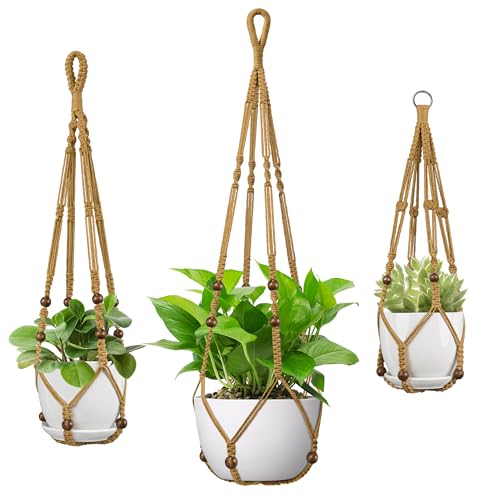 USLAI Macrame Plant Hanger, Fits 4 to 15 Inch Pots, 23+29+35 Inch, Brown - color: Brown, size: 3 Pack
