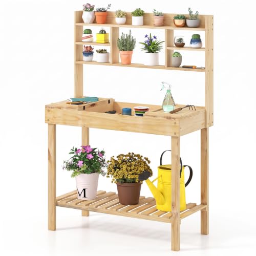 HAPPYGRILL Potting Bench Table, 60” Wood Garden Work Bench with Storage - color: Natural, size: 40" x 18" x 60"