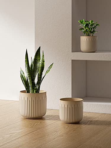 LE TAUCI Ceramic Pots for Plants, 8.3/7/6 Inch Indoor Planters with Drainage Holes & Mesh, Modern Glossy Glaze Cylinder Fluted Plant Pot for Snake Plant, Set of 3, Sand Beige - color: Sand Beige