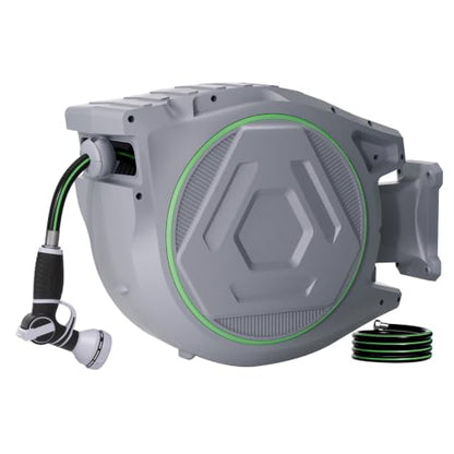 Retractable Garden Hose Reel, 5/8in 100 ft Hose Reel with 9 Patterns Nozzle - color: Grey