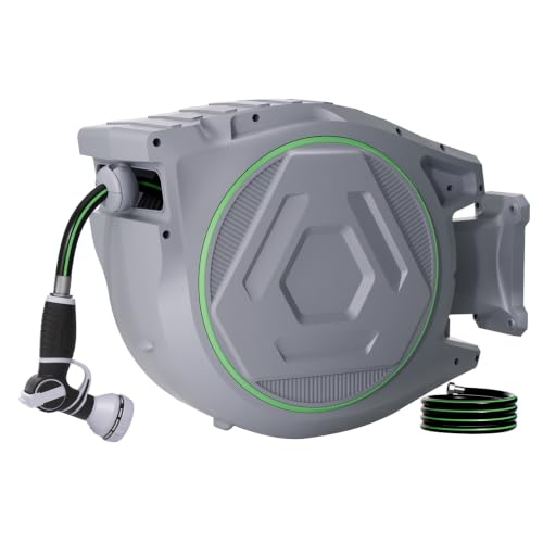 Retractable Garden Hose Reel, 5/8in 100 ft Hose Reel with 9 Patterns Nozzle - color: Grey