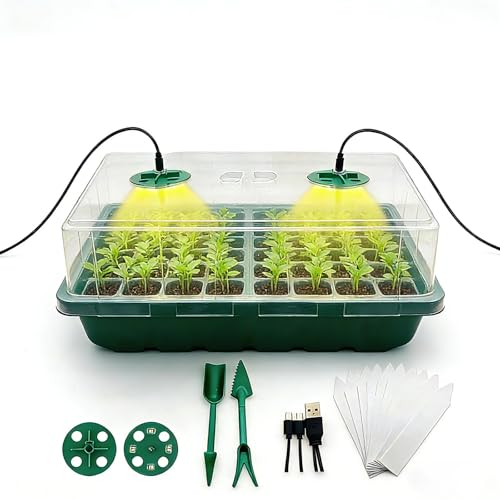 48-Cell Seed Starter Tray Kit with Grow Light, 2 Full-Spectrum LED Lights, 13cm Tall Humidity Dome, Thick PVC Seedling Trays, Labels & Tools, USB-C Power, Indoor Germination