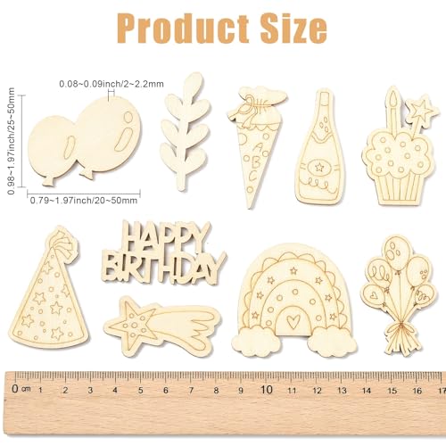 Ipotkitt 100pcs Assorted Birthday Wood Cutouts Flower Balloon Unfinished Wooden Cutouts for Birthday Party Baby Shower DIY Crafts Scrapbooking - color: Birthday Wood Cutouts_100pcs