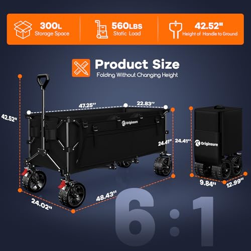 Originsure 300L Collapsible Beach Wagon Cart with Big Wheels, 560lbs, Black - color: A-black