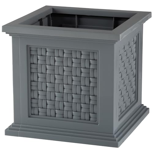 Rattan Style Outdoor Planter Box - 14.65-Inch-Square Decorative Flower or Plant Pot - Garden, Patio and Front Porch Decor by Pure Garden (Gray) - color: Gray