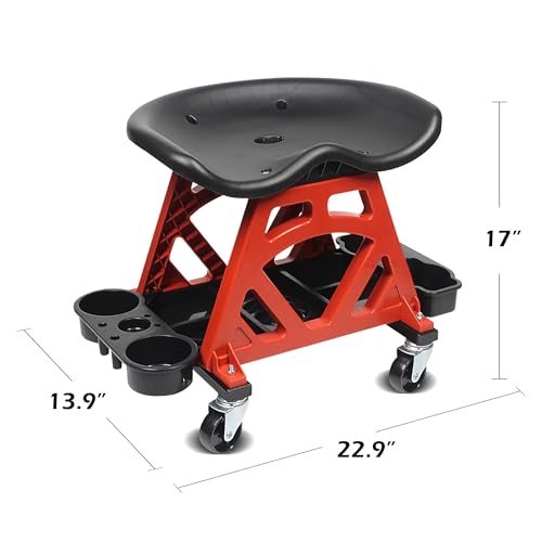 MaxWorks 50957 Ergonomic Seat Mechanic Stool Chair 22.9" L x 13.9" W x 17" H, with 4pcs 2.5" Swivel Casters, with Tool Tray for Workshop, Garage, Auto Repair - 300 Lbs Capacity - style: Ergonomic