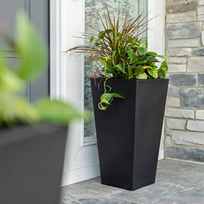 Step2 Tremont Tall Square Tapered Planter 2-Pack, 28 in Resin Planters, Self-Watering, Onyx Black - color: Onyx Black, size: 2-Pack, style: Tall