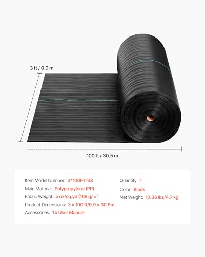 VEVOR 3x100FT 5oz Weed Barrier Fabric Heavy Duty, Landscape Fabric, Weed Blocker Fabric, Garden Weed Mat Lawn Fabric, Weed Control Fabric, Driveway Fabric, Ground Cover, Woven Landscape Cloth, Black - size: 3FT*100FT-5oz