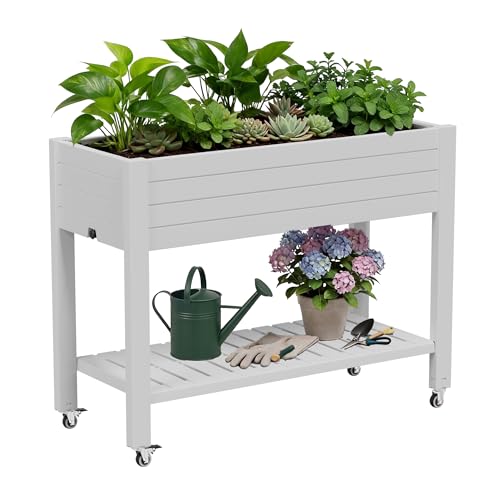 33.7" Tall Raised Garden Bed with Wheels, Divisible Resin Planter Box with Drainage Gauge & Storage Shelf, Herb Planter for Garden Patio Backyard, Medium Ashen (33.7" h) - color: Medium Ashen, size: 33.7"h