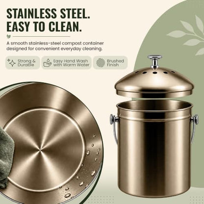 Epica Kitchen Compost Bin for Kitchen Countertops, 1.3 Galllon - Bronze - color: Bronze