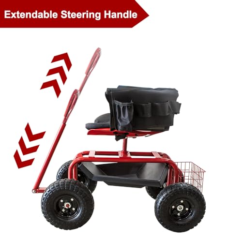 THUNDERBAY Garden Cart Rolling Workseat with Wheels, 360 Degree Swivel Seat, Wagon Scooter with Steering Handle & Utility Tool Tray for Planting, with Storage Basket and Tool Pouch, Red - color: Red
