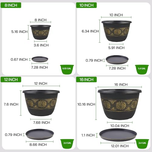 Usocik 8 Inch Plant Pots, 6 Pack, Gold Retro Floral - color: Gold, size: 8 Inch - 6 Pack