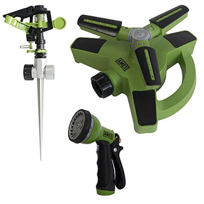 AMES (3) Piece Sprinkler & Sprayer Set with (1) Pulsating Spike Style, (1) 3 Arm Rotating Sprinkler and (1) 7-Pattern Spray Nozzle for Lawn, Garden or Yard, Watering, Adjustable, Easy Hose Connections - style: Spike Sprinkler