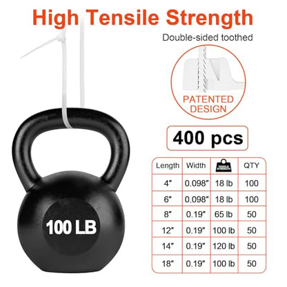 Zip Ties Assorted Size,400 Pack,6+8+12+14+18 Inch Double Sided Toothed,120 LBS Tensile Strength Heavy Duty Cable Wire Ties Self-Locking Adjustable Durable Nylon Tie Wraps for Indoor Outdoor White - size: 4+6+8+12+14+18 inch 400 Pack （18-120 Lbs ）