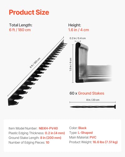 VEVOR Landscape Edging Border, 10Pcs 6 ft x 1.6 in Plastic Garden Edging with 60 Spikes, Sun-Resistant Flowerbed Borders, DIY Layout, No Dig Garden Edger Border Divider for Lawn Edgings for Yard - style: 60ft*1.7in（L-shaped）