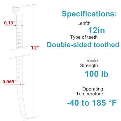 12 Inch Zip Ties Double Sided Toothed,100 LBS Tensile Strength Heavy Duty Cable Wire Ties With Self-Locking Adjustable More Durable Nylon Tie Wraps for Indoor Outdoor（100 Pack） - size: 12 inch 100 Pack （100 Lbs ）