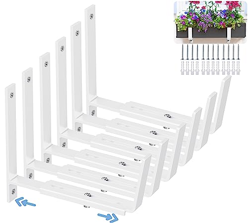 HFHOME 6 PCS Adjustable Planter Box Brackets (6 to 12.5 in), Universal Window Box Brackets, Heavy Duty Metal Flower Box Wall Mounting Hooks for Balcony, Fences, Patio, and Garden - White - size: Set of 6 - White