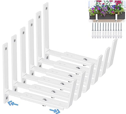 HFHOME 6 PCS Adjustable Planter Box Brackets (6 to 12.5 in), Universal Window Box Brackets, Heavy Duty Metal Flower Box Wall Mounting Hooks for Balcony, Fences, Patio, and Garden - White - size: Set of 6 - White