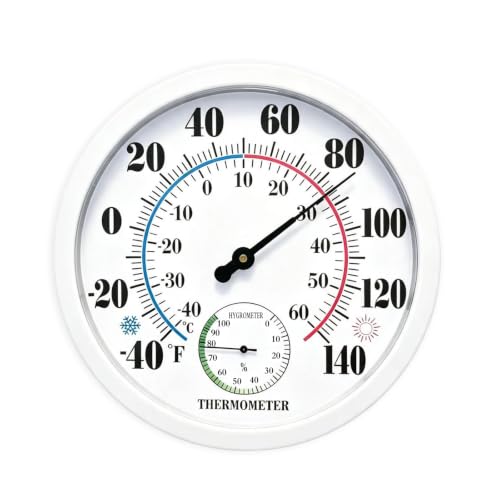 10" Indoor Outdoor Thermometer Hygrometer, Weatherproof Gauge (White) - color: White