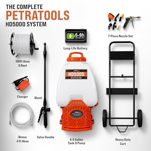 PetraTools Battery Powered Sprayer w/Cart & Retractable 100 ft Hose Reel - style: HD5000 with Hose Reel