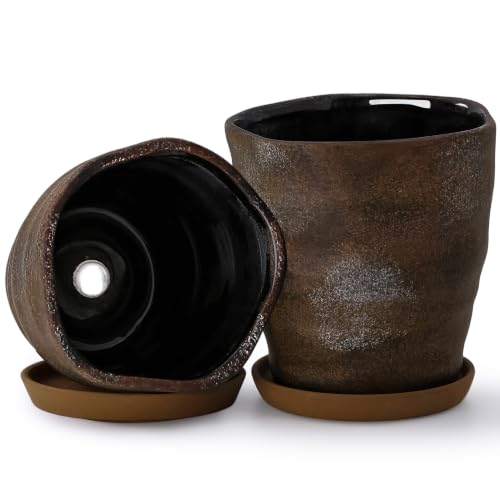 6 Inch Ceramic Planter Set of 2 with Drainage Hole and Saucer for Plants, Indoor-Outdoor Large Irregular Succulent Orchid Flower Pot- Cement Paint, Inner-pots not Larger Than 5 Inch - color: Brown, size: 6inch-Set of 2