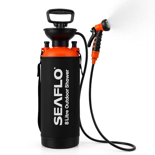 SEAFLO 2 Gallon (8L) Portable Outdoor Camping Shower- 7 Spray Modes! High Pressure Handheld Showerhead, Thermal Insulation Bag for Beach Hiking Dog Car Garden Wash CE & ROHS Certified, 4-Year Warranty