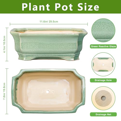 Bonsai Tree Pot 11.6 Inch - Ceramic Succulent Pots, Bonsai Planter for Indoor Outdoor, Decorative Plant Pot with Drainage Hole, Rectangular Flower Pot, Home Garden Decor, Garden Gifts, Green - color: Rectangular Green, size: 11 Inch