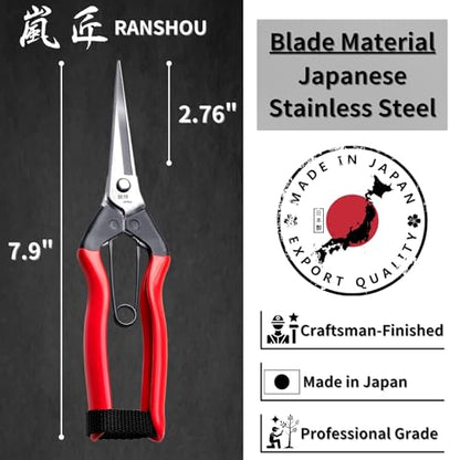 Japanese Garden Shears Long Blade 7.9" for Plants - Needle Nose Pruners with Pointed Tips - Sharp Japanese Stainless Steel Blade & Spring Loaded Handle - Made in Japan - style: Trimming (Long Blade)