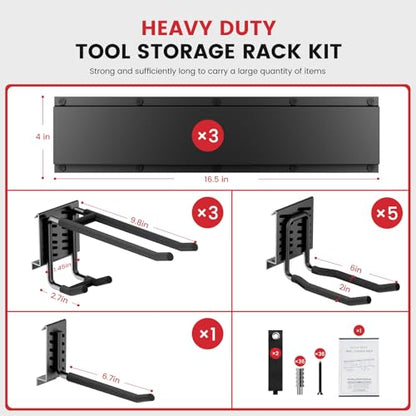 49.5" Heavy Duty Wall Mounted Garage Tool Organizer – 3 Panels & 9 Adjustable Hooks, 690 lbs Load Capacity, Modular Storage for Efficient Tool Organization, Easy Install in Garage, Garden, 14 Pack - size: 49.5in | 3Panels + 9Hooks