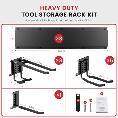 49.5" Heavy Duty Wall Mounted Garage Tool Organizer – 3 Panels & 9 Adjustable Hooks, 690 lbs Load Capacity, Modular Storage for Efficient Tool Organization, Easy Install in Garage, Garden, 14 Pack - size: 49.5in | 3Panels + 9Hooks