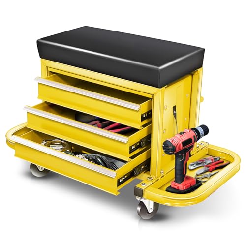Auto Dynasty Mechanic Rolling Seat, 3-Drawer w/Tool Tray, 350LBS, Yellow - color: Yellow