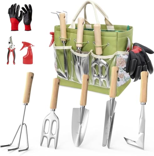 Garden Tools Set, 9-Piece Heavy Duty Gardening Tools with Clear Pocket Tote Bag, Stainless Steel Garden Hand Tools for Digging, Planting, Weeding and Pruning, Durable Gardening Kit - style: Green