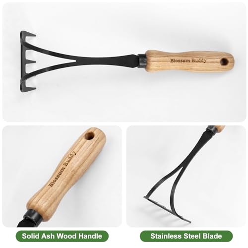 Stainless Steel Hand Rake with Wooden Handle, Garden Cultivator Tool for Soil Tilling and Weeding