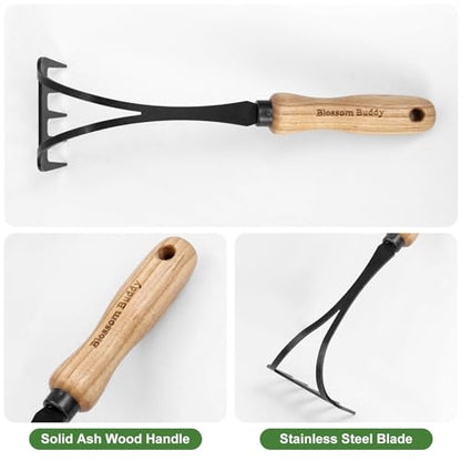 Stainless Steel Hand Rake with Wooden Handle, Garden Cultivator Tool for Soil Tilling and Weeding