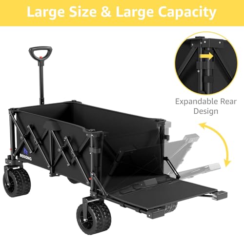 220L Folding Wagon with Detachable 14 Gallon Cooler Bag, Extra Large All-Terrain Heavy Duty Collapsible Beach Wagon Cart with Big Wheels, Foldable Utility Cart for Camping, Tailgate - color: Black, size: 220L
