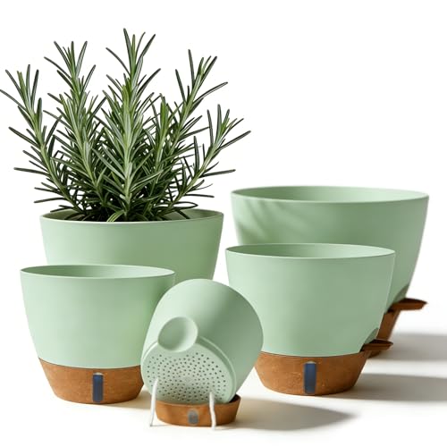 7/6.5/6/5.5/5 Inch Self Watering Pots, Plastic Flower Pots with Multi Mesh Drainage Holes and Deep Reservoir for Indoor Outdoor Garden Plants and Flowers (Green, 5/5.5/6/6.5/7) - color: Green, size: 5/5.5/6/6.5/7