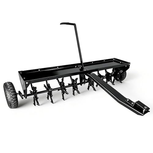 48" Tow Behind Lawn Plug Aerator with 30 Galvanised Steel Tines, Heavy Duty Pull Behind Plug Aerator with Universal Hitch, 3 in Spikes, Inflatable Wheels & Tray for Gardens, Lawns, Farms, Black - color: Black