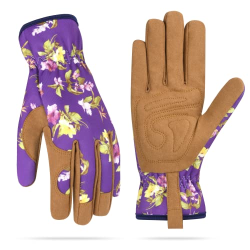 Womens Gardening Weeding Working Gloves, Leather Garden Glove for Women Thorn Proof No Stab for Digging, Planting,Pruning - color: Purple-large