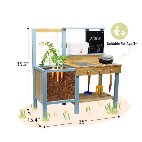 Kids Potting Bench for Outdoor, Fir Wood Gardening Station with Transparent Planter Box, Outside Activity Wooden Table with Sink,Faucet, Garden Accessories, Mud Kitchen for Kids 3+