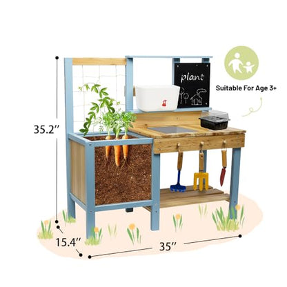 Kids Potting Bench for Outdoor, Fir Wood Gardening Station with Transparent Planter Box, Outside Activity Wooden Table with Sink,Faucet, Garden Accessories, Mud Kitchen for Kids 3+