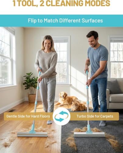 DELOMO Carpet Rake for Pet Hair Removal, Dual-Sided Rug Rake Scraper Broom