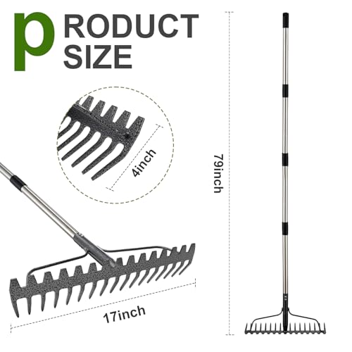 Bow Rake, 79" Heavy Duty Garden Rake with Wide 17 Tines Head & Stainless Steel Handle, Adjustable Rakes for Lawns Yard Loosening Soil Thatching Gathering Leaves Gravel - style: 79 inch